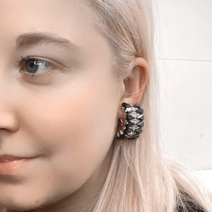 Vintage Clip On Earring Black White Gold Crystals Chunky Statement Glizty Glam